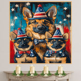 German Shepherd Mom and Puppies in Patriotic Party Hats and Bowties with American Flag Background in Bold Colors on Ready to Hang 1.5" Thick Canvas Wrap, Floating Framed Canvas, Flat Rolled Canvas